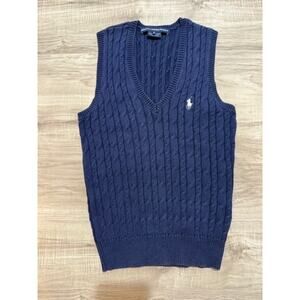 Polo Ralph Lauren Women's V-Neck Navy Blue Cotton Cable-Knit Sweater Vest-Size S